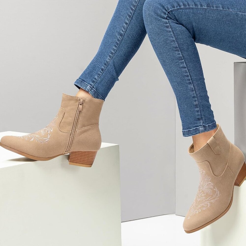 Women's Tan Classic Ankle Boots Low Block Heels Suede Chunky Fashion Booties - Picture 2 of 9